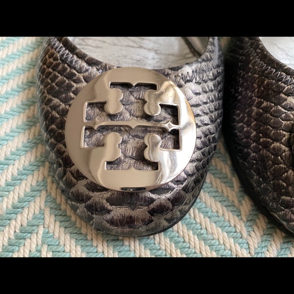 TORY BURCH Snakeskin Leather Logo Ballet Flats - Picture 9 of 13